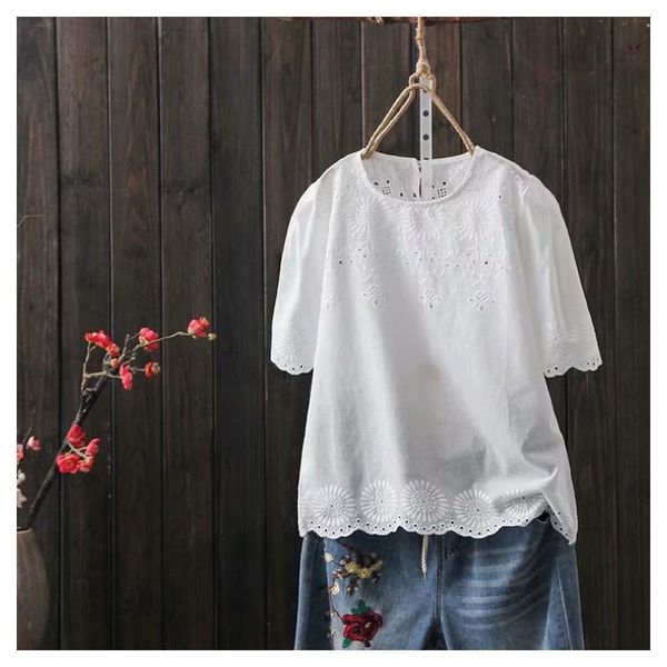 

women's blouses & shirts sunflowers embroidery short puff sleeve cotton shirt sweet cute top, White