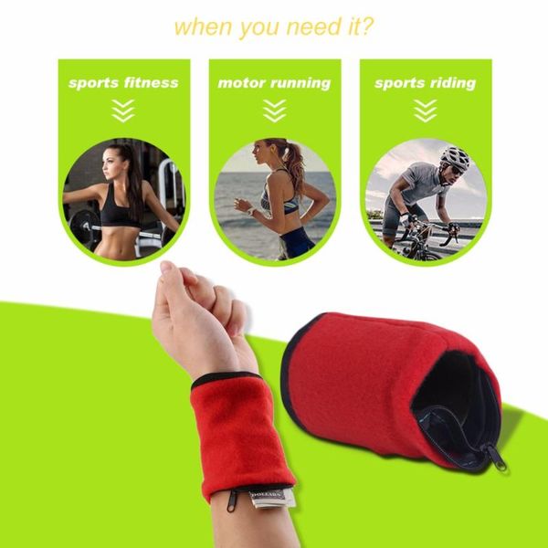 

wrist support gym cycling sport wallet band fleece zipper travel sweat absorbtion trip hiking accessories biking tools, Black;red