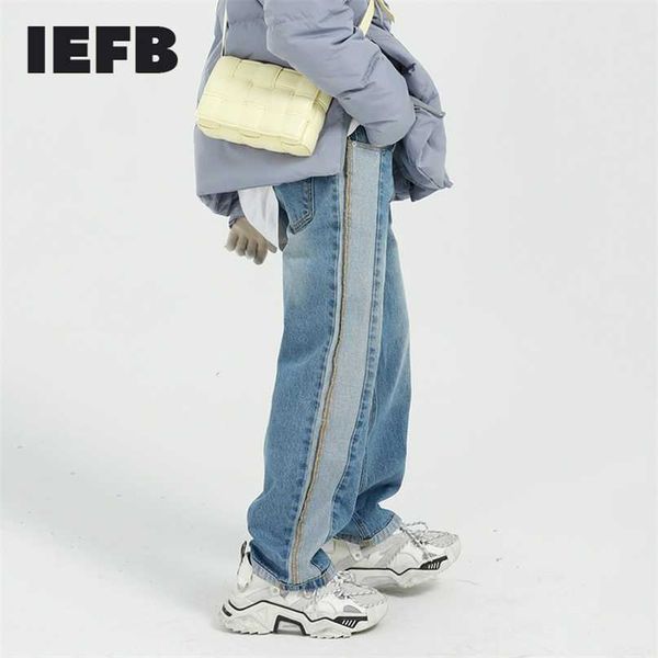 

iefb men's wear color block patchwork blue jeans autumn korean streetwear design washed denim straight loose trousers 211108