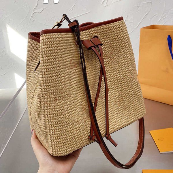 

designer luxury bag woven bucket bag straw bags handbags purse fashion plain letter printing string interior zipper adju women's leathe, Red;black