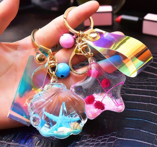 

fashion brand quicksand sequins acrylic into oil starfish shell keychain classic chic keyring women girl luxury car pendant designer rope ba, Silver
