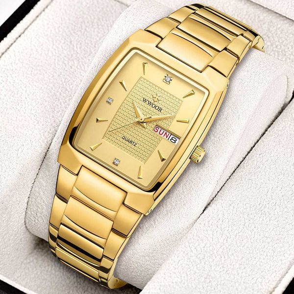 

wwoor design luxury watch men gold square quartz wristwatches business waterproof automatic week date relogio masculino 210527, Slivery;brown