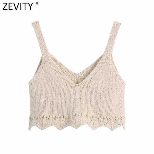 Zevidade Mulheres Moda V Pescoço Jacquard Crochet Tricô Camisola Feminina Básico Espaguete Spaghetti Strap Onda Curto Colete Chic Crop Tops SW812 210603