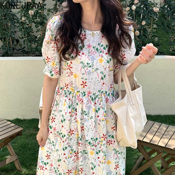 

korejpaa women dress korean chic french gentle o neck print small floral design tie waist slim bubble sleeve dresses female 210526, Black;gray