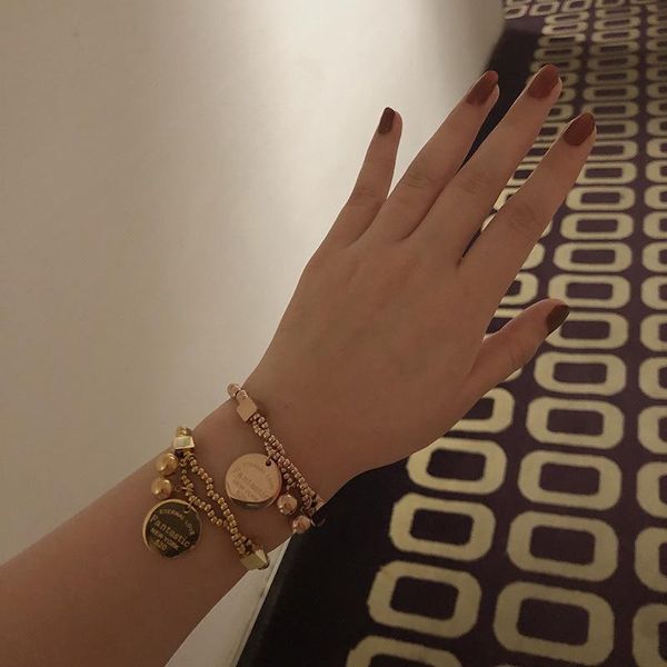 

link, chain ladies fashion alphabet brand round bead gold coin bracelet elastic titanium steel rose plated 18k lovers birthday gift, Black