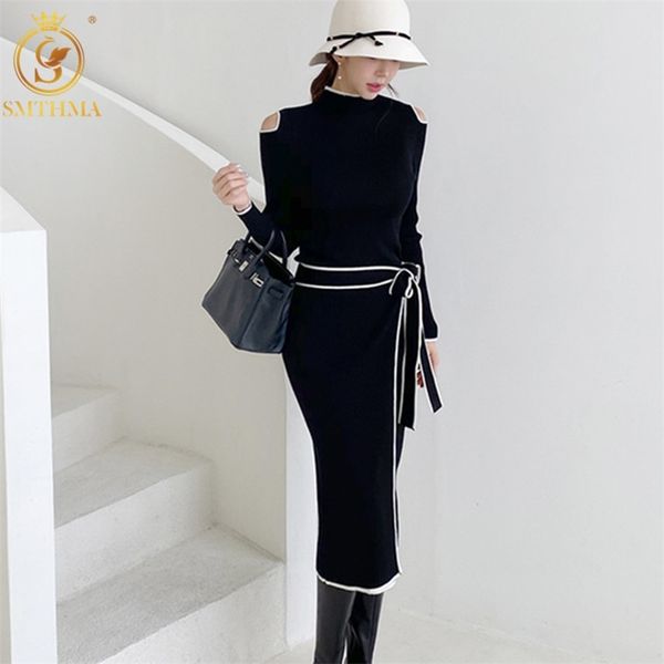 

hma winter korean chic temperament slim tie-up dresses strapless black knit sweater vestidos 211110, Black;gray