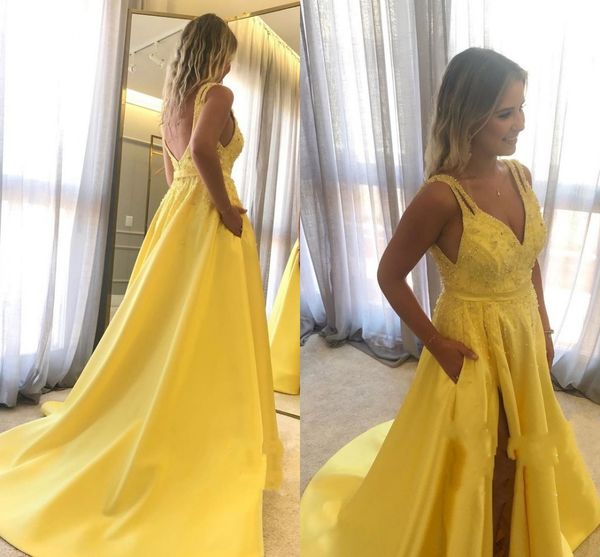 

2021 yellow satin prom dresses crystal beaded spaghetti v-neck side split formal evening gowns womens elegant pageant party dress long, Black