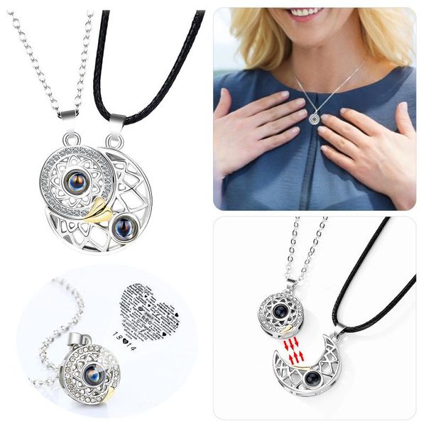 

pendant necklaces couples necklace sun&moon 100 languages i love you projection valentine's day gifts for wedding anniversary women, Silver