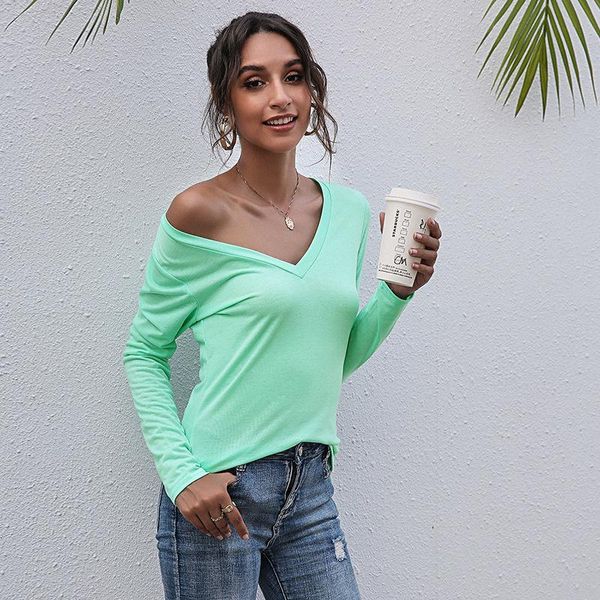 

women's t-shirt 2021 summer autumn t shirt women casual v-neck t-shirts female long sleeve for girls black solid femme tee, White