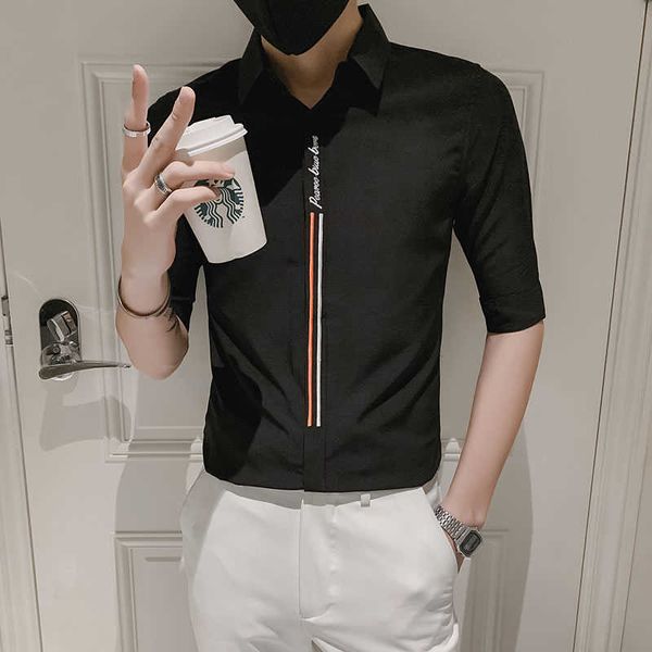 

summer embroidery short sleeve shirts for men slim fit business casual dress shirt black white streetwear social party clothes 210527, White;black