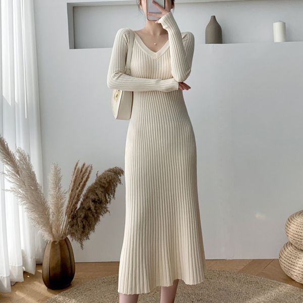 

casual dresses v-neck women wool sweater korean elegant slim female aline long knitted vestidos 2021 spring 5cnk, Black;gray