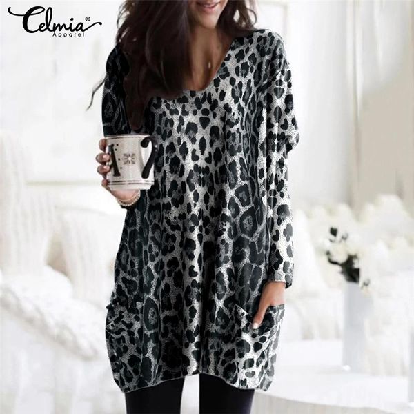 

blouses plus size women vintage leopard print blouses celmia stylish long sleeve v-neck casual shirt pockets elegant blusas, White
