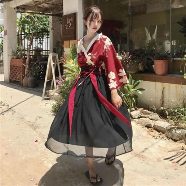 

ethnic clothing style japa nese vintage haori kawaii girls women foral kimono dress for party yukata asian clothes skirts vestidos, Red