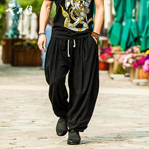 

27-46 2021 male hair stylist gd fashion chinese style cotton linen lantern pants haren plus size costumes men's, Black