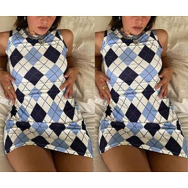 

women's diamond check print sleeveless vest dress blue x0521, Black;gray