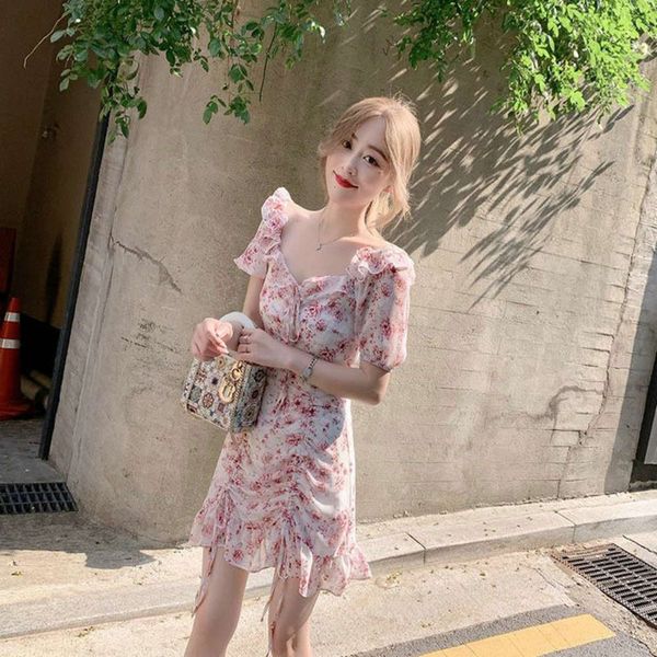 

pink flounce floral dress women's summer collection slim waist drawstring print chiffon skirt, Black;gray