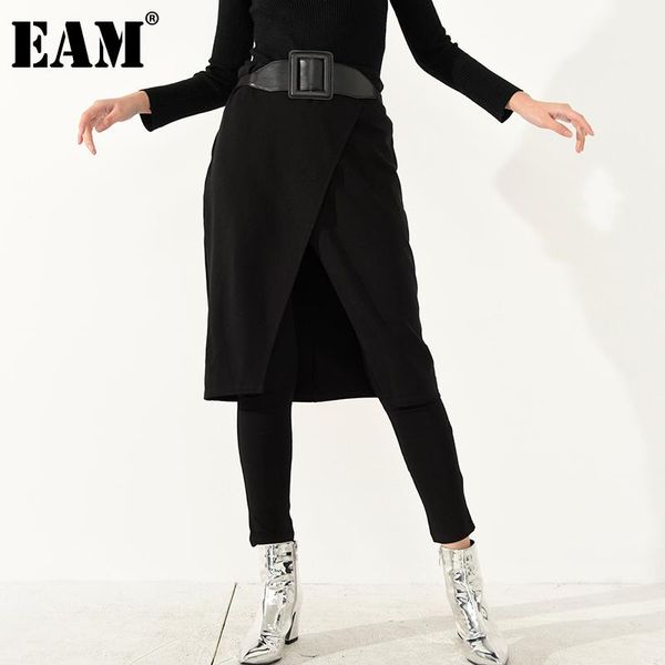 

women's pants & capris [eam] high elastic waist black irregular long false two trousers loose fit women fashion spring autumn 2021 1s19, Black;white
