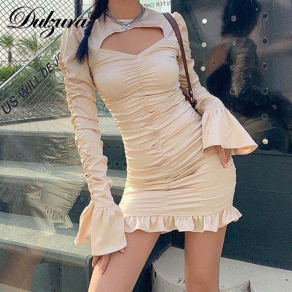 

dulzura stain women flare long sleeve mini dress ruched hollow out ruffle bodycon elegant party streetwear 2021 autumn winter, Black;white