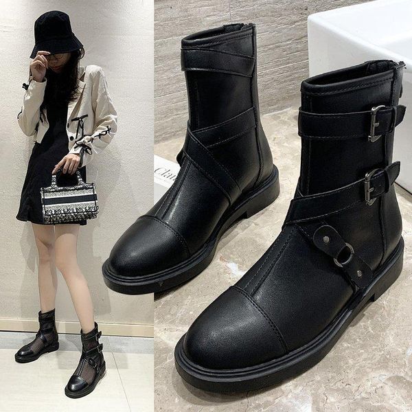 

boots women's summer thin 2021 versatile breathable belt buckle hollow cool flat bottom, Black