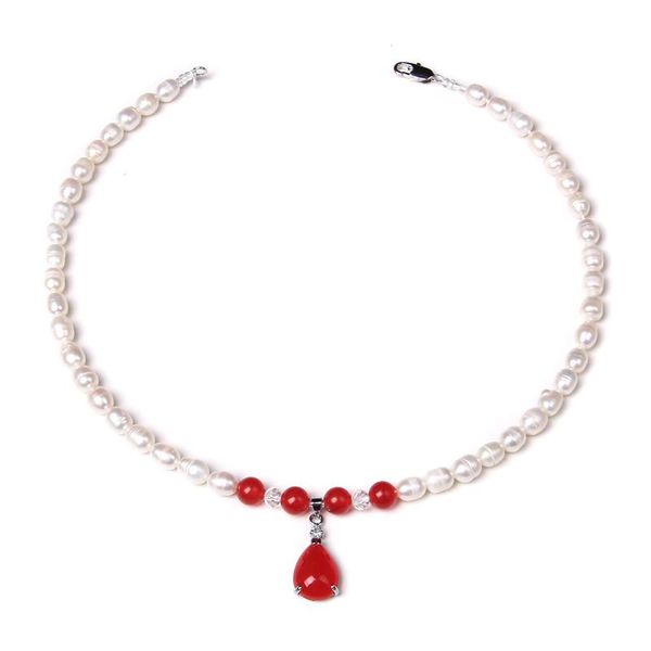 

natural white oval freshwater pearls necklaces for women clear red agates charms necklace elegant female jewelry pendant, Silver