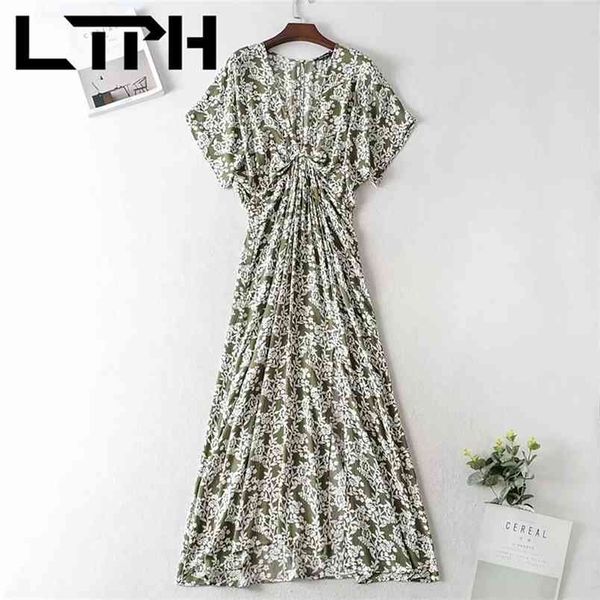 

ltph ins v-neck batwing sleeve print women dress high waist long casual all-match elegant dresses spring summer 210423, Black;white