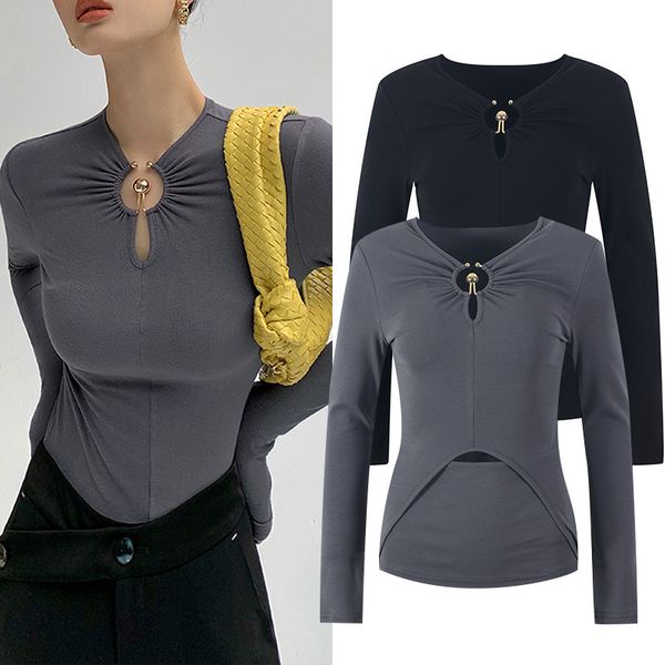 

women's t-shirt 2021 autumn fashion women's t-shirts front long sleeve hole thin sleeve jumper casual streetwear t japanese shirts, White