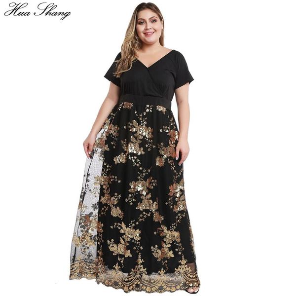 

casual dresses plus size summer dress women v neck short sleeve elegant sequied floor length long party ladies tunic maxi, Black;gray