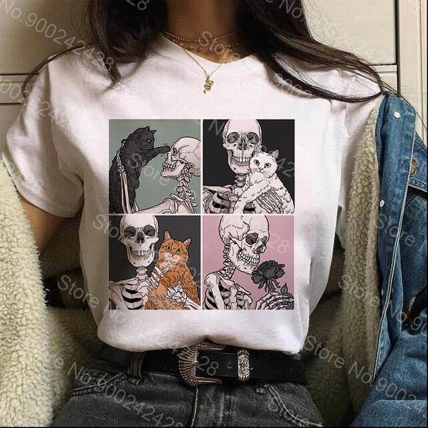 

women vogue halloween skull cat t shirt harajuku friends graphic casual coffee tees comic ulzzang streetwear, White