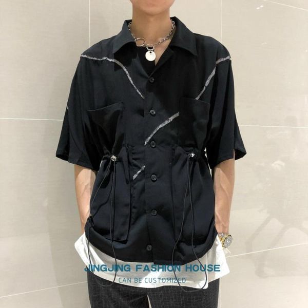 

men's casual shirts 2021 high street fashion show shoot waist pull rope short shirt loose mosaic hollow-out lace men and women thin, White;black