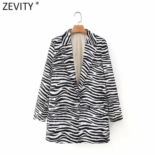 

zevity 2021 women vintage zebra striped print fitting blazer coat office lady long sleeve pocket suits outerwear chic ct688 women's &, White;black