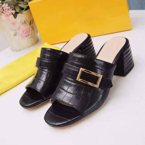 

2021summer new fashion high heel slippers thick heel wedge nude sandals metal buckle check square heel sandals large size 35-41, Black