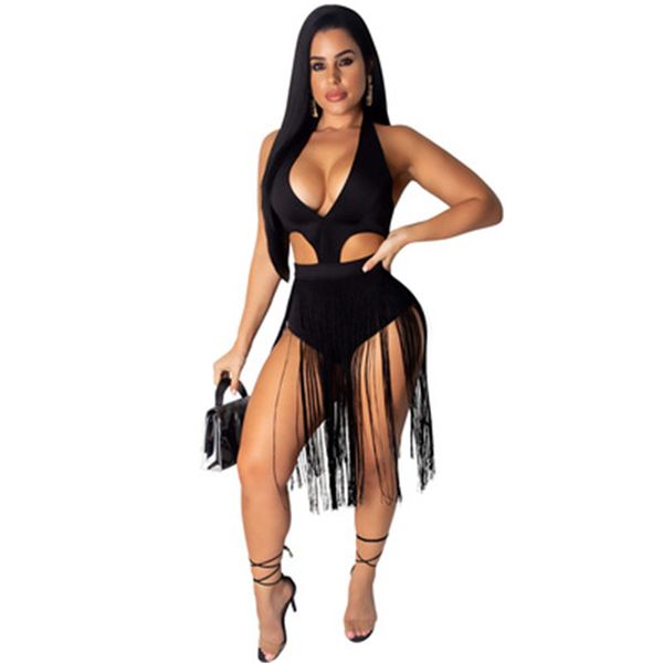 

women hollow out tassel rompers fashion trend solid color sling high waist jumpsuits designer female summer slim casual romper lm9086, Black;white