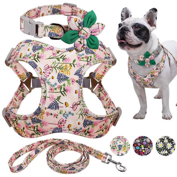 Guinzaglio e collare per bulldog francese Set stampato No Pull Dog Harness Vest Collare per guinzaglio per cani di taglia piccola e media 211006