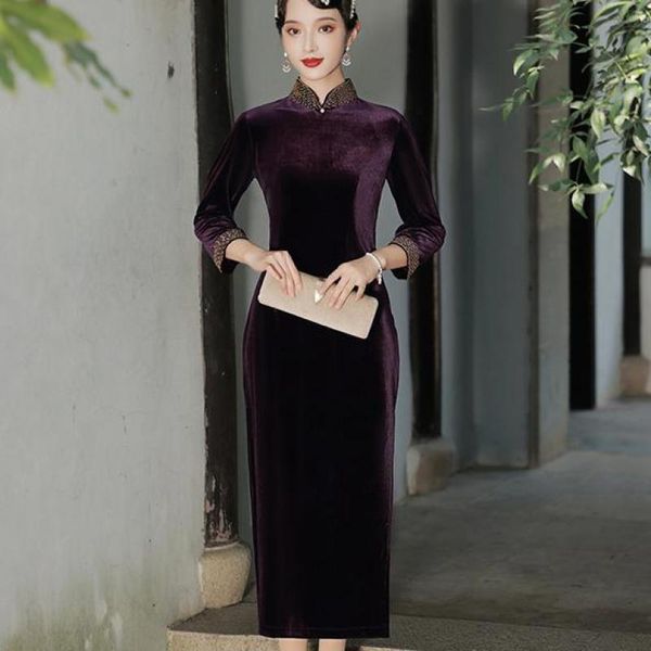 

ethnic clothing plus size 3xl 4xl side split cheongsams purple chinese dresses women velour qipao slim celebrity banquet elegant vestid, Red