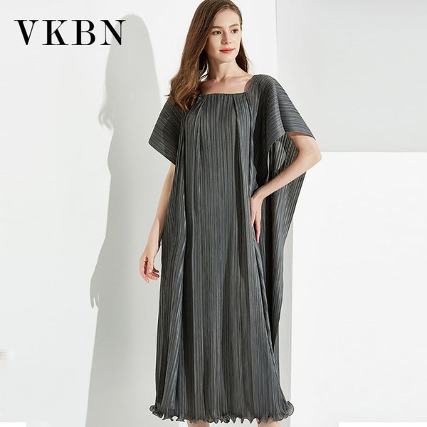 VKBN verão vestido mulheres casuais colarinho quadrado ruched tecido pulôver de manga curta festa elegante maxi vestido moda 210507