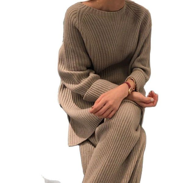 

women's sweaters plus size pants suit fall/winter 2021 style high fashion fat sister sweater wide leg women set 2 piece, White;black