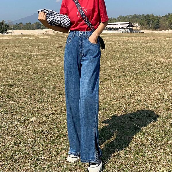 

women's jeans arrival fashion women denim long pants thin section casual street high waist simple wild loose split wide leg, Blue