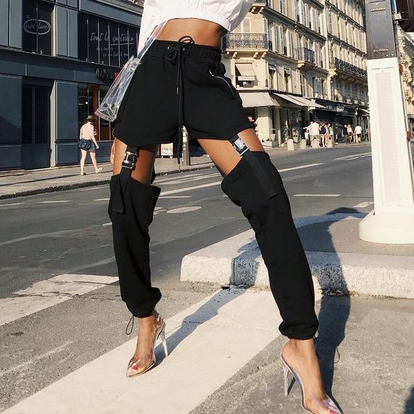 

women's pants & capris liser harajuku women spring fashion loose punk rock patchwork hollow out streetwear gothic, Black;white