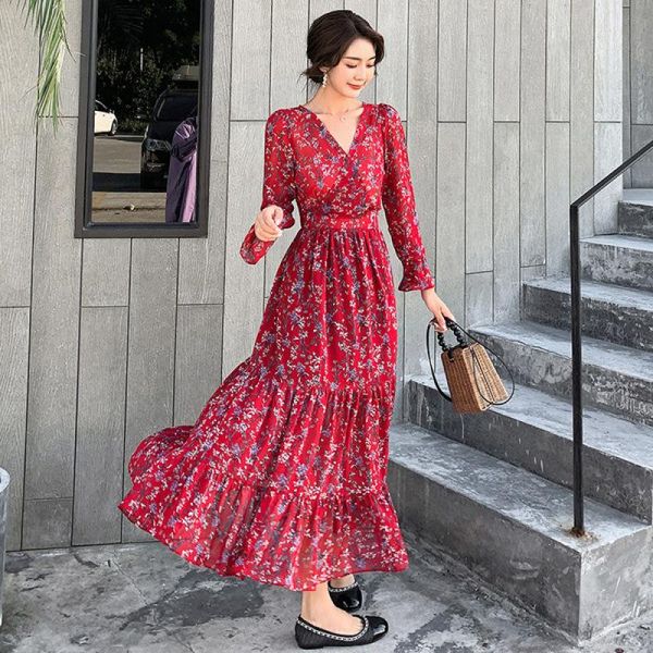 

casual dresses 3697# 2021 autumn korean fashion women's long dress v neck a line slim waist floral printed chiffon ladies female vestid, Black;gray