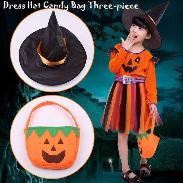 

clothing sets kids girl clothes halloween net yarn dress pumpkin candy-bag witch hat 3pcs outfit cosplay party costume for 3-15year, White