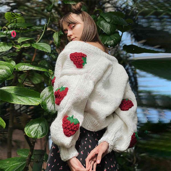 

women's knits & tees tossy y2k strawberry embroidery cropped sweater for women knit cardigan female autumn long sleeve loose flower 2g4, White