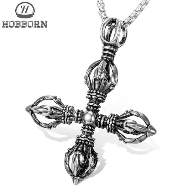 

pendant necklaces hobborn buddhism vajra pendent stainless steel buddhist scripture pendents religious cross necklace men punk jewelry, Silver