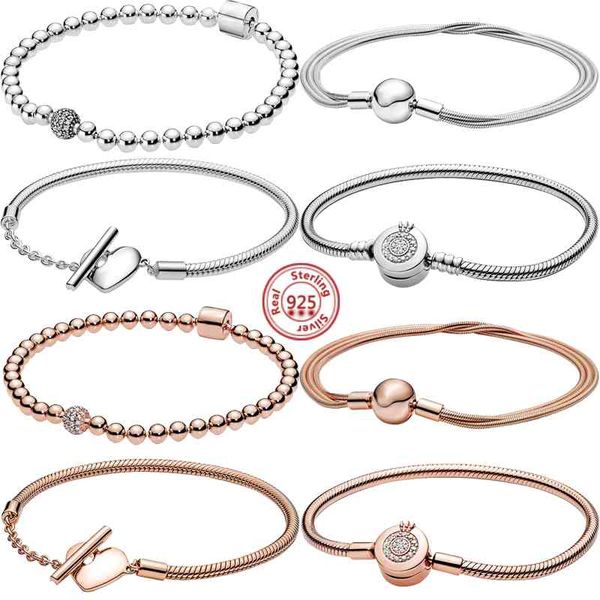 

925 sterling silver charms bracelet rose gold heart crown snake chain fine women diy jewelry anniversary birthday gifts, Golden;silver