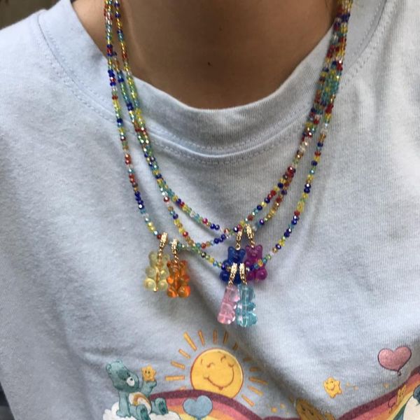 

chains flatfoosie multicolor beads cartoon bear gummy pendant necklace for women zircon beaded choker fashion jewelry, Silver