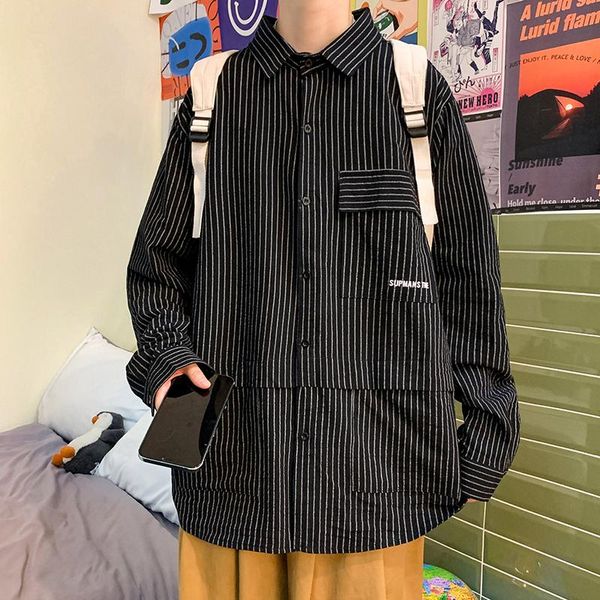 

men's casual shirts oversize striped shirt 2021 fashion korean streetwear woman loose long sleeve male clothing harajuku, White;black