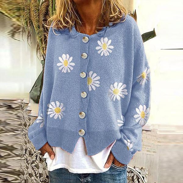 

women's blouses & shirts 40# daisy printing cardigans blouse women elegant long sleeve o-neck cropped kawaii korean clothes, White