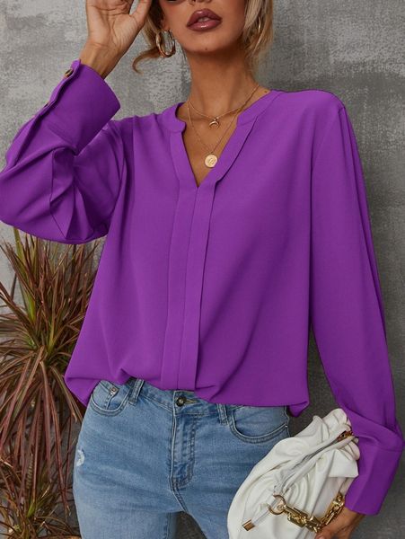

solid notched buttoned cuff blouse w91r#, White