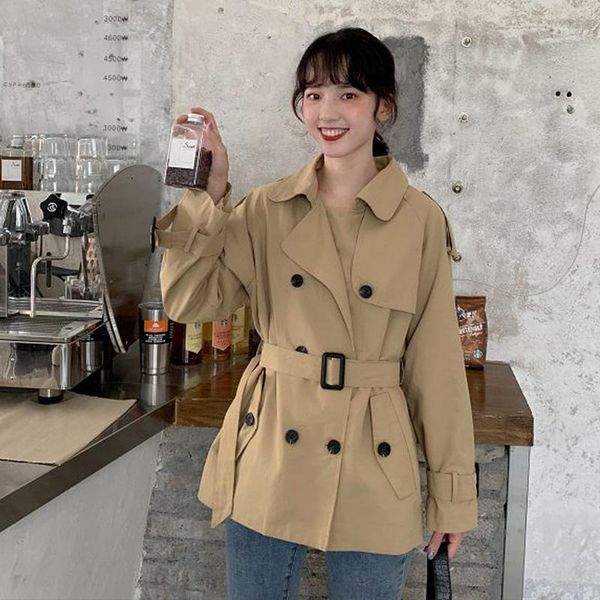 

women's trench coats spring autumn khaki black coat for women elegant lapel windbreaker female lady overcoats loose belt short, Tan;black
