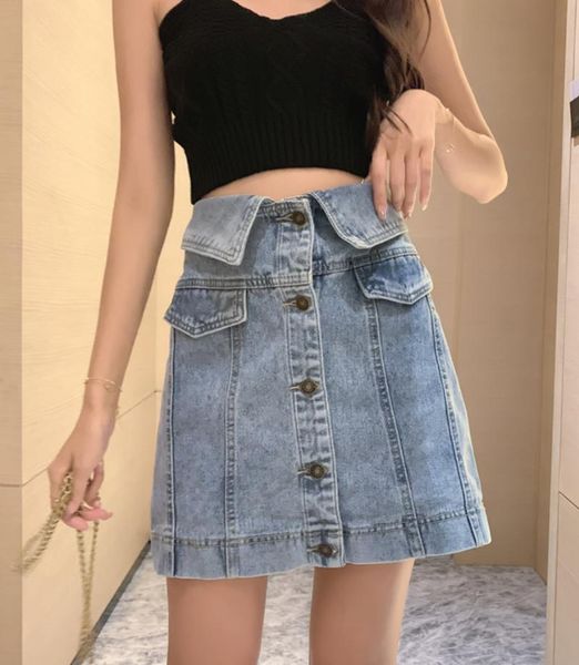 

skirts women high waist front single breasted turndown collar mini denim skirt summer fashion streetwear elegant short a-line jean, Black