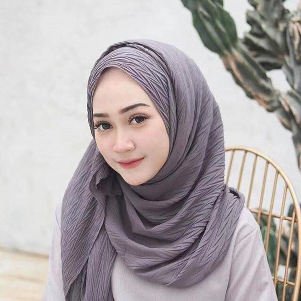 

malaysia long wrikled shawl scarves for women bubble chiffon crinkled muslim hijab turban headscarf plain colour islamic voile, Blue;gray